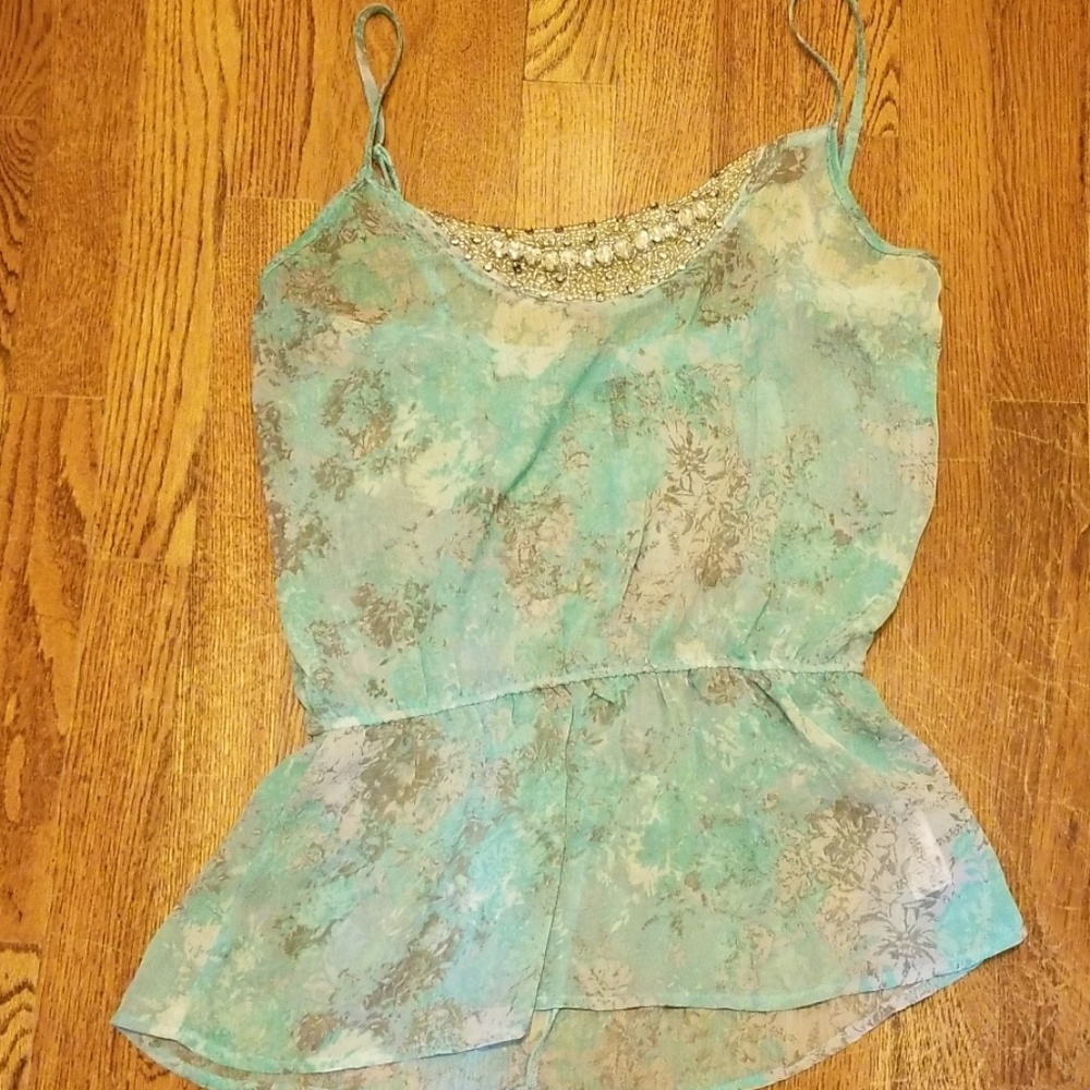 Sheer blue and grey tank with rhinestone neckline